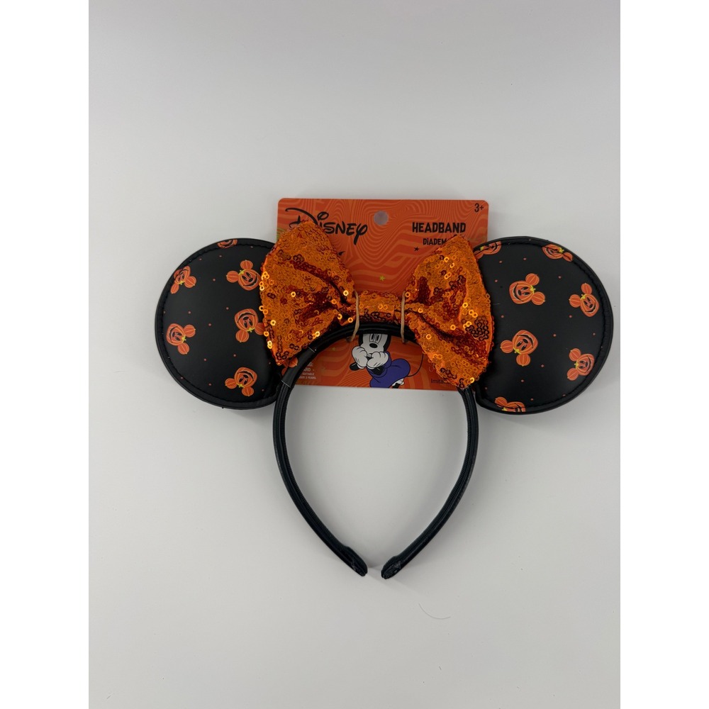 Disney Minnie Mouse Halloween Headband Orange Sequin Bow Mickey Pumpkin Ears